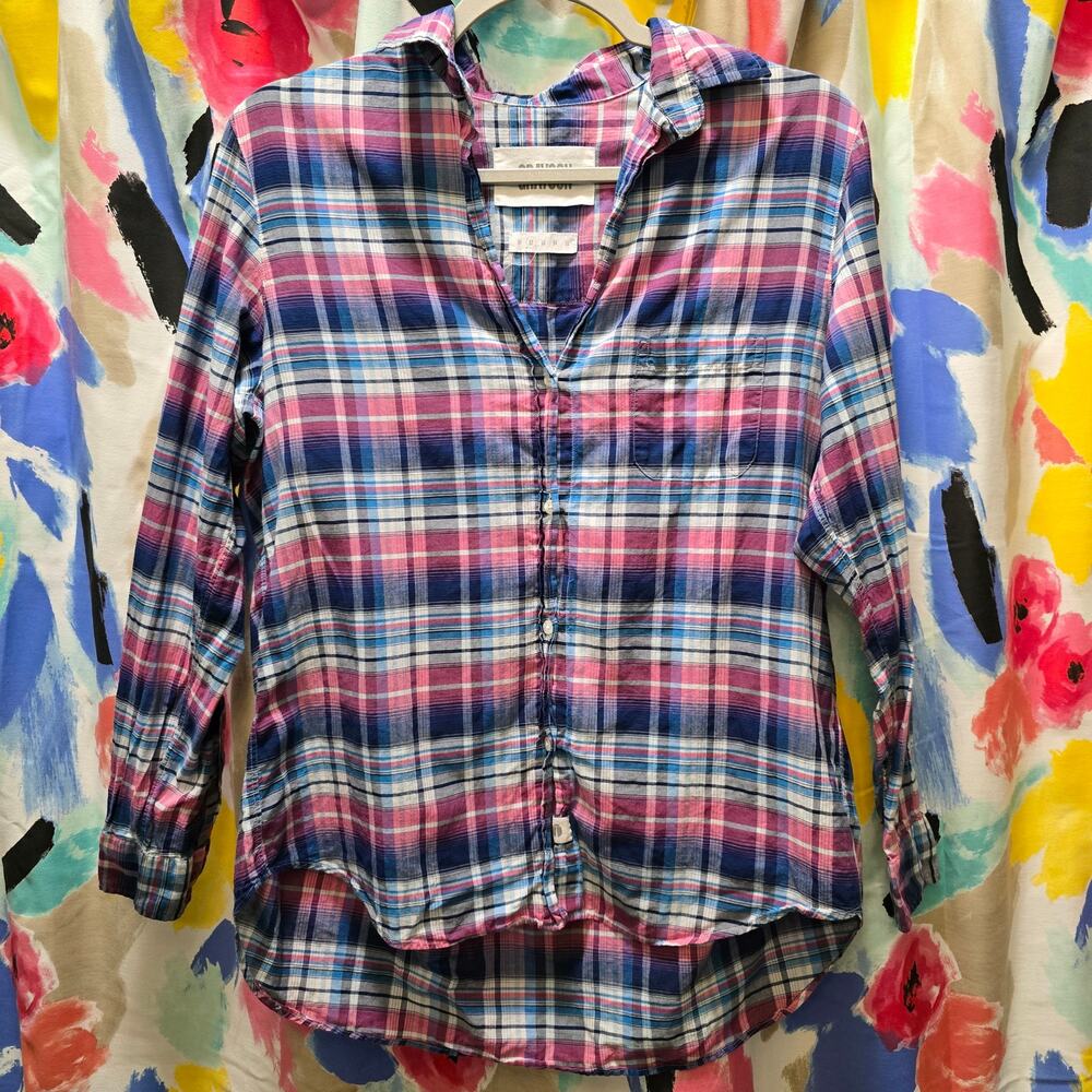 Grayson pink blue long sleeve button-down plaid shirt size 02 lightweight cotton